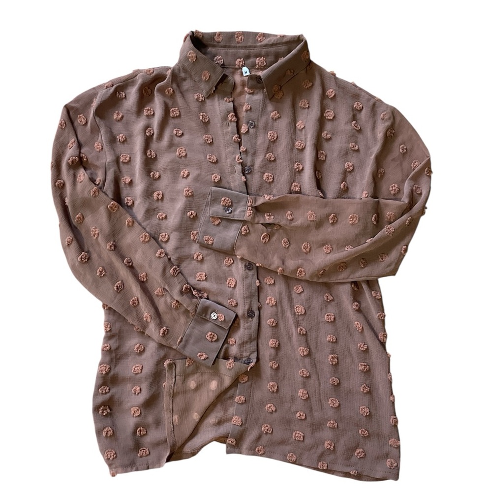Sheer Button Up Blouse With Pom Pom Style Accents